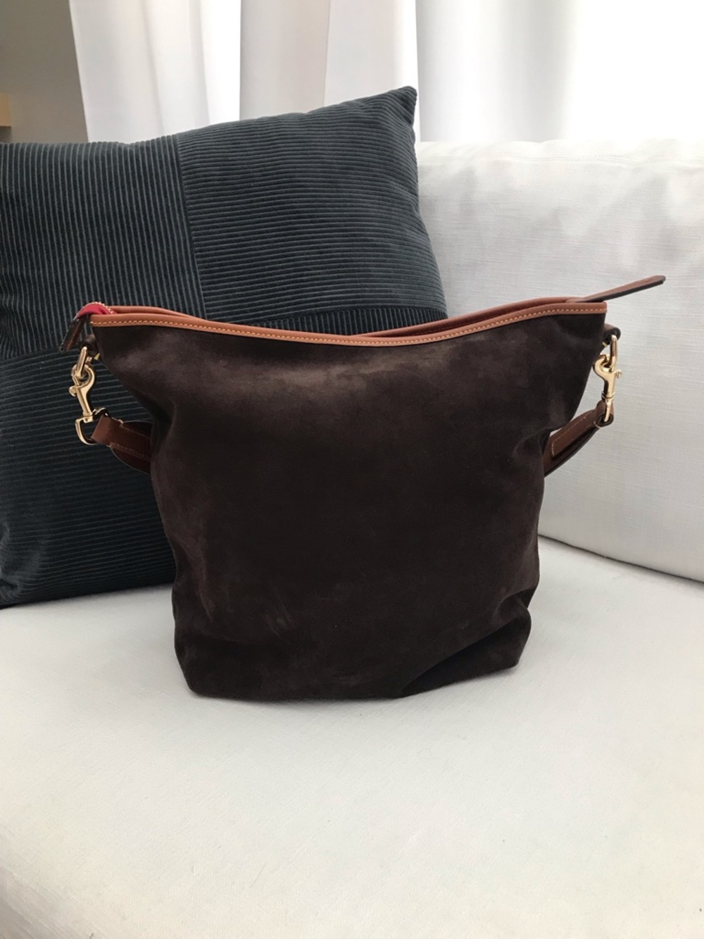 Dooney & Bourke Brown Suede Hobo Bag with Italian Leather Camel Trim - Picture 2 of 9